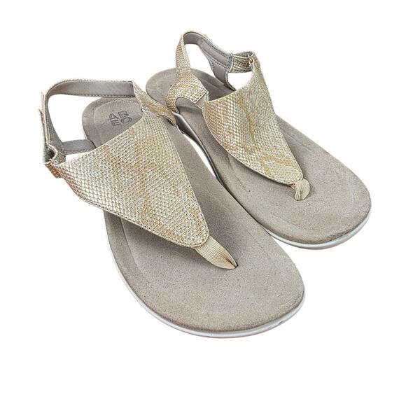 Abeo Womens Sz 9N Gold Faux Leather Sling Back Thong Summer Sandals Comfort - Picture 1 of 5
